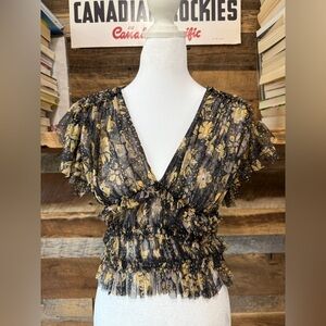 Free People Black Floral Sheer Ruffled V-Neck Top